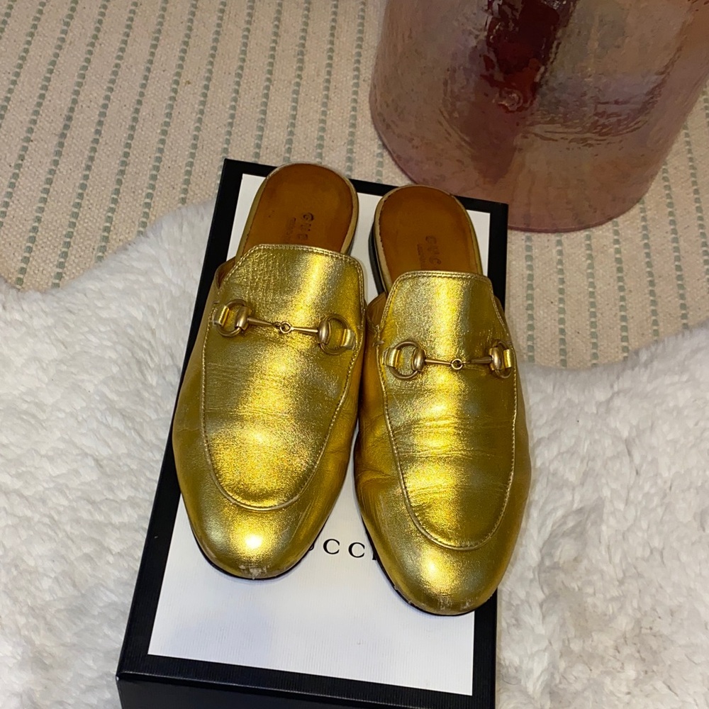 Gucci Princetown Gold Leather Horsebit Mules